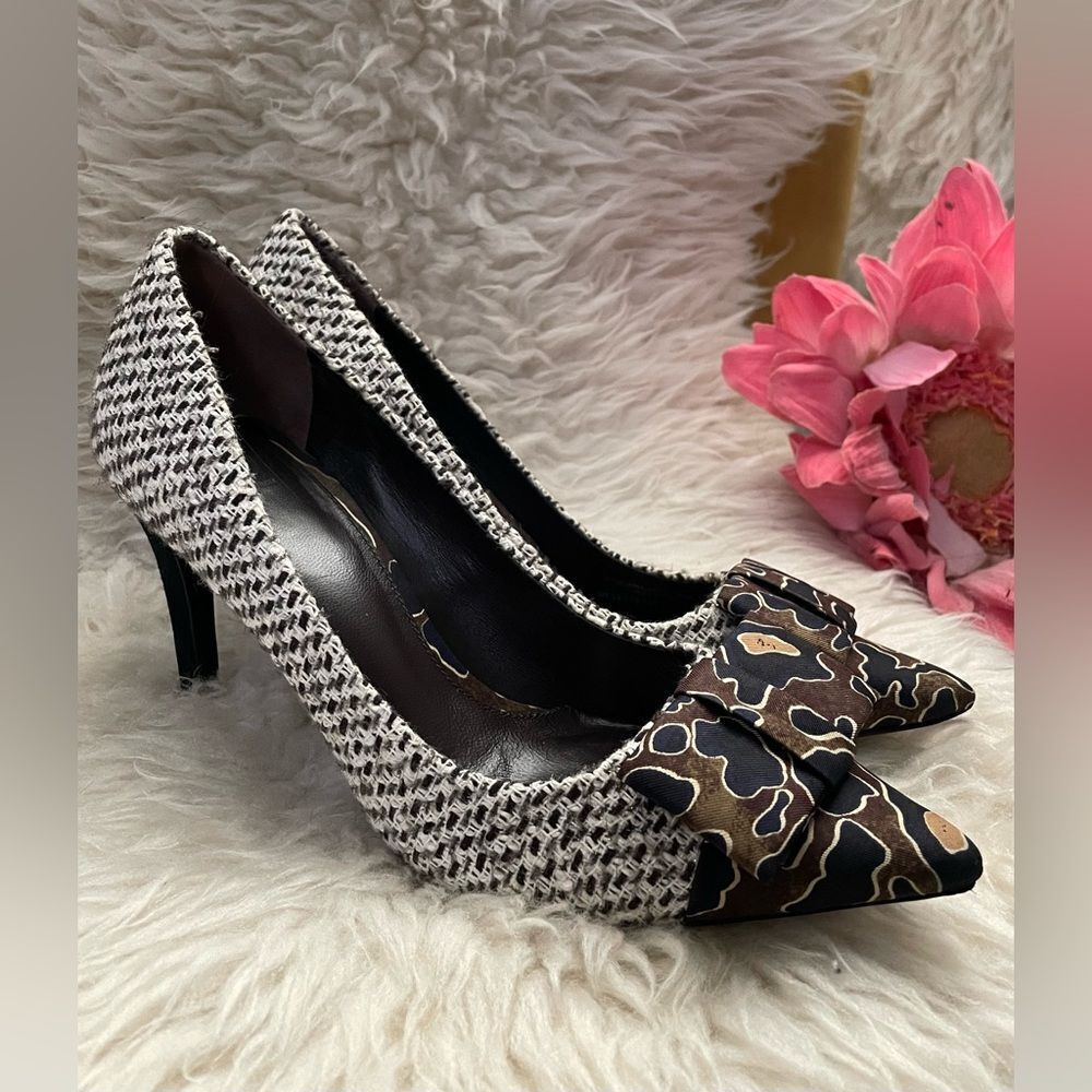Tory Burch Heels Cleo Tweed Silk Bow Navy Mix Media 8.5